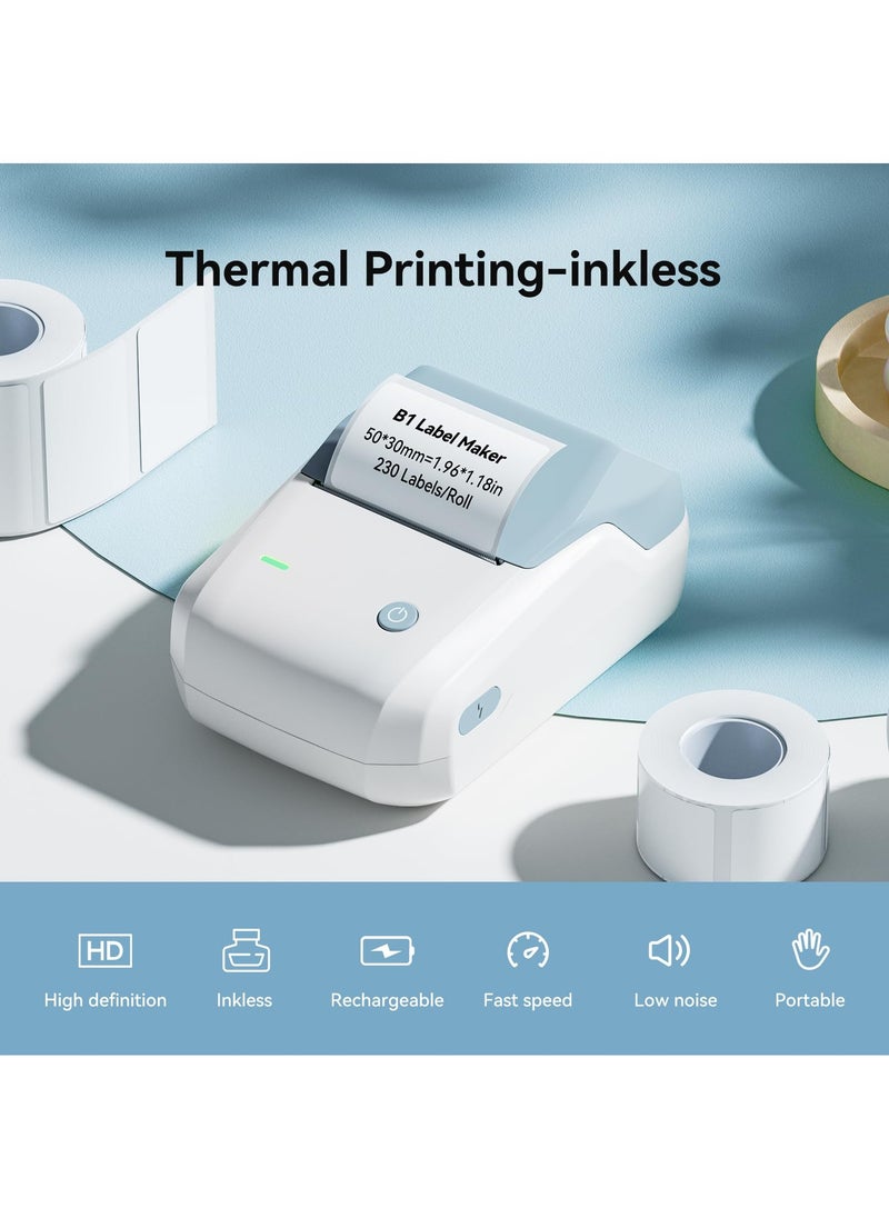 NIIMBOT - B1 Wireless Bluetooth Label Printer with 1 Roll 50*30mm White Label Sticker and USB Cable, Portable Inkless Thermal Label Maker, Great for Supermarket, Retail Store and Home Printing Barcodes - Image 1