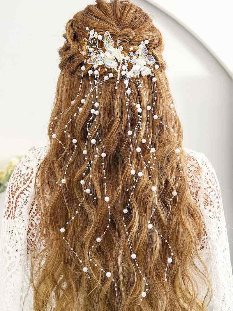CASDRE Butterflies Bride Wedding Hair Vine Silver Pearl Bridal Headband Rhinestone Headpiece Hair Accessories for Women and Girls - Image 1