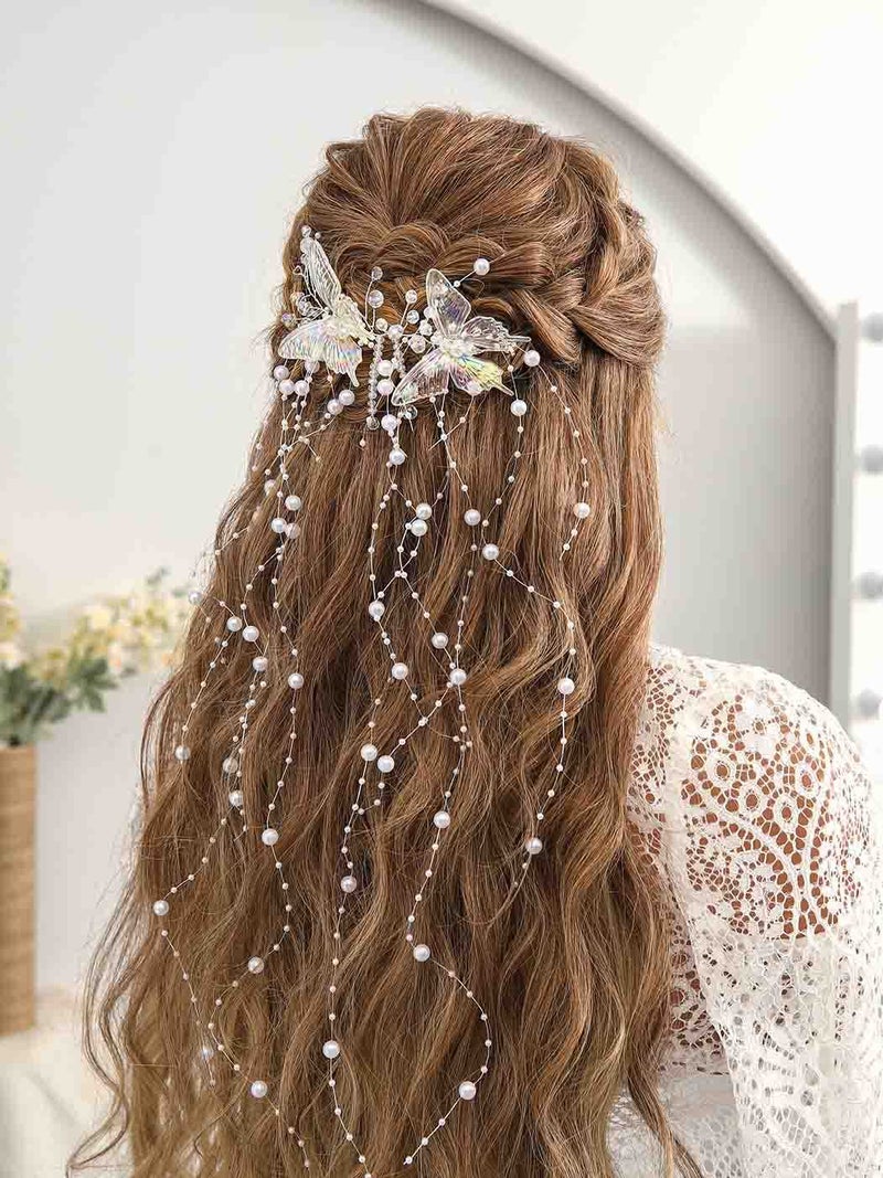 CASDRE Butterflies Bride Wedding Hair Vine Silver Pearl Bridal Headband Rhinestone Headpiece Hair Accessories for Women and Girls - Image 3