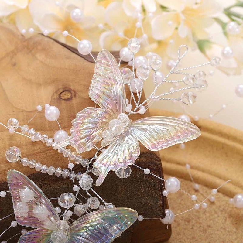 CASDRE Butterflies Bride Wedding Hair Vine Silver Pearl Bridal Headband Rhinestone Headpiece Hair Accessories for Women and Girls - Image 2