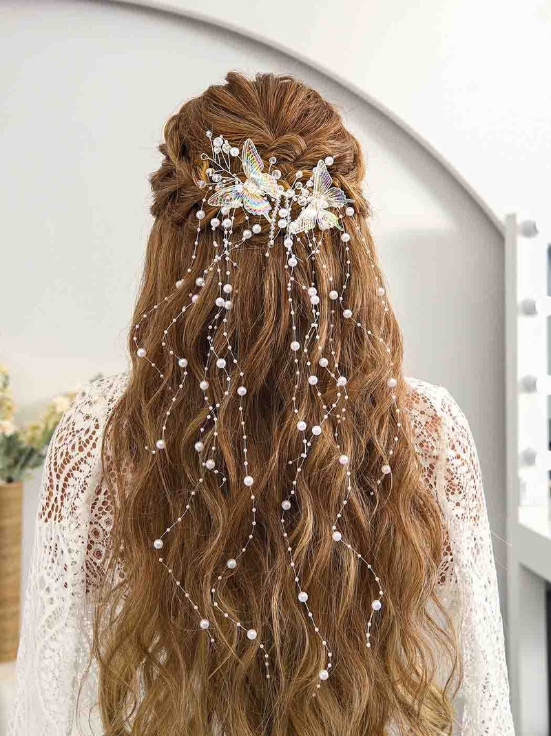 CASDRE Butterflies Bride Wedding Hair Vine Silver Pearl Bridal Headband Rhinestone Headpiece Hair Accessories for Women and Girls - Image 5