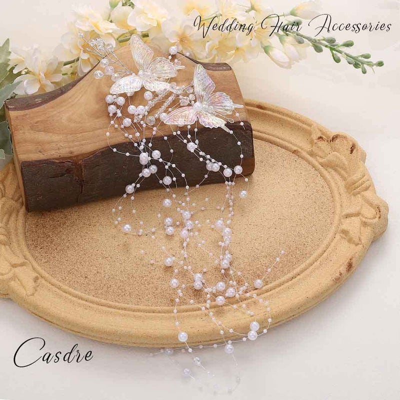 CASDRE Butterflies Bride Wedding Hair Vine Silver Pearl Bridal Headband Rhinestone Headpiece Hair Accessories for Women and Girls - Image 4