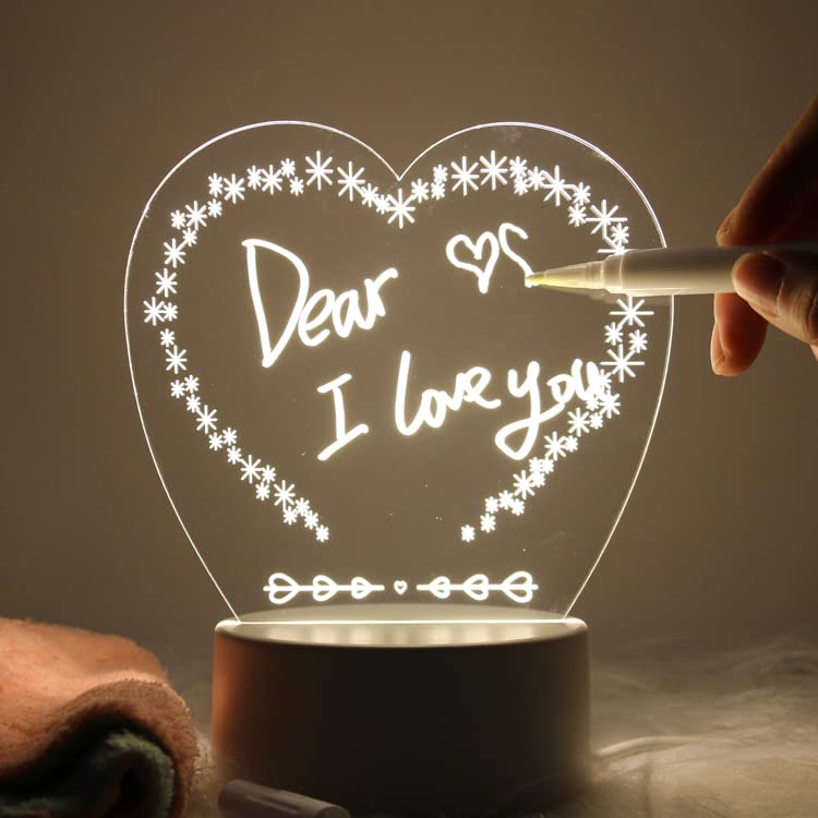 Inditradition 3D Acrylic Creative Message Board with LED Light Base Holder, with Writing Pen & Cloth (Transparent, Heart Shape, 5x5 Inches) - Image 4