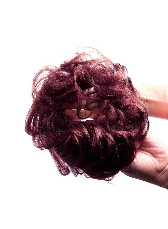 Bella Hair 100% Human Hair Scrunchies Messy Bun Hair Piece for Women Wavy Curly Up-Do Chignon Extensions (#99J Red Wine/#118 Burgundy) - Image 1