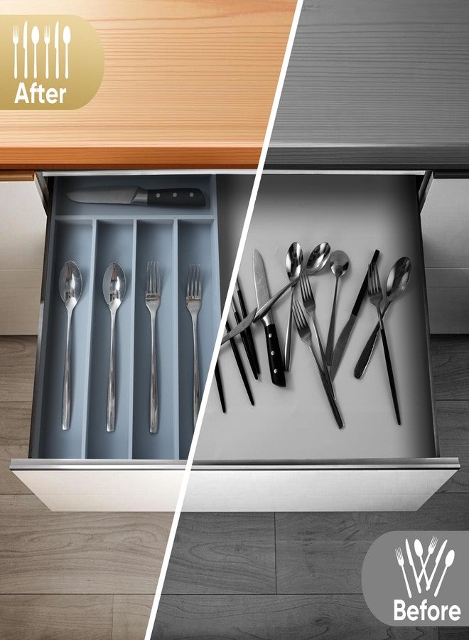 SUNBREATH Silverware Organizer, 10 Inch Utensil Organizer Kitchen Drawer Organizer Bamboo Silverware Holder Cutlery Tray Organizer in Drawer Flatware Organizer Tray(5 slots, Gray） - Image 4