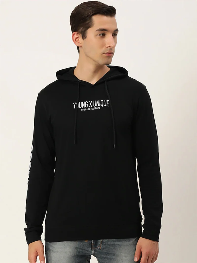 Maniac  Maniac Mens printed hooded neck full sleeve cotton black slim fit tshirt for Men | Best Price UAE