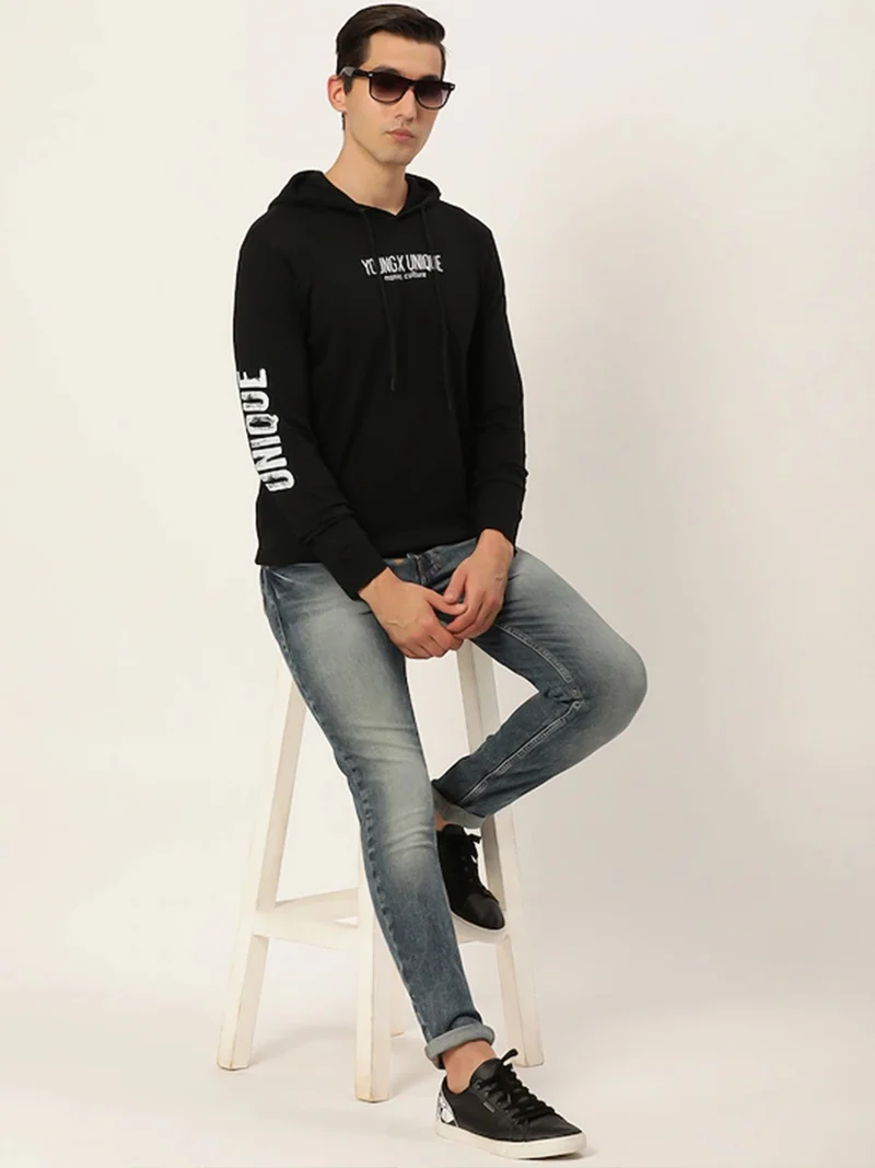 Maniac  Maniac Mens printed hooded neck full sleeve cotton black slim fit tshirt for Men | Best Price UAE