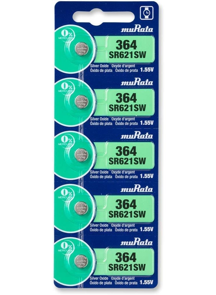 Murata SR621SW / 364 Silver Oxide Watch Battery, 1.55V, Made in Japan, Pack of 5 - Image 1