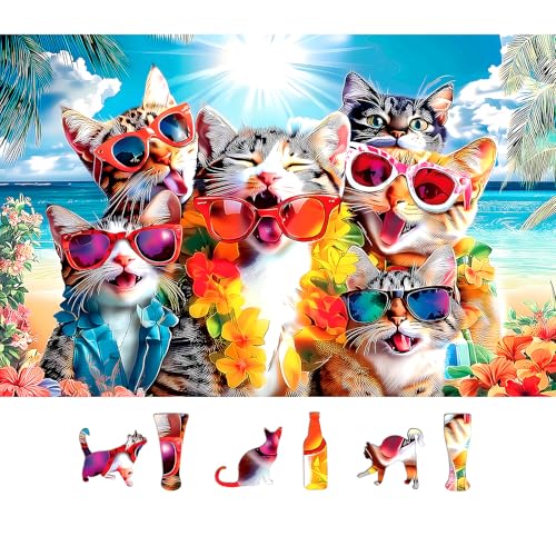 MINIWAN Cat 500Piece Jigsaw Puzzle for Adults Fun Beach Party Scene with Sunglasses Leis Unique Home Decor Gift Idea 23x15 Inch - Image 1