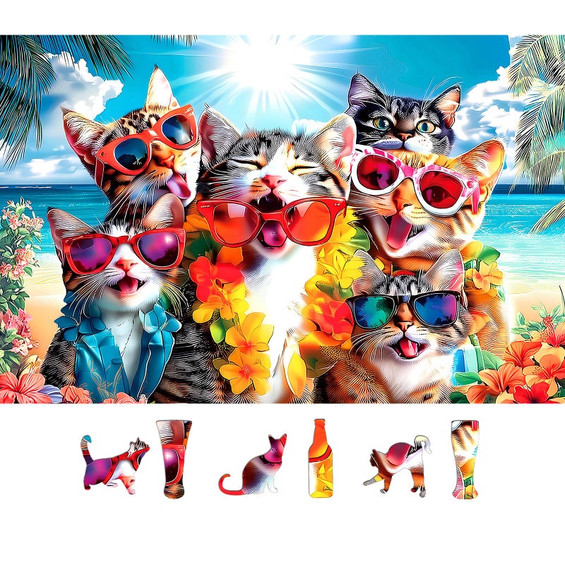 MINIWAN Cat 500Piece Jigsaw Puzzle for Adults Fun Beach Party Scene with Sunglasses Leis Unique Home Decor Gift Idea 23x15 Inch - Image 3