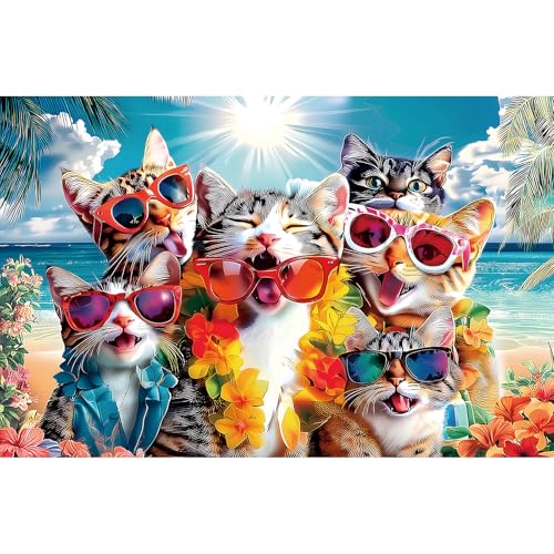 MINIWAN Cat 500Piece Jigsaw Puzzle for Adults Fun Beach Party Scene with Sunglasses Leis Unique Home Decor Gift Idea 23x15 Inch - Image 5