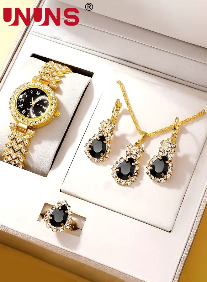 UNUNS 4 Pcs Women Watch Set,Roman Numerals Women's Wrist Watch,Luxury Diamond Decorated Watch Necklace Ring Earrings Set,Valentine'S Day Birthday Gifts for Women,Black - Image 1