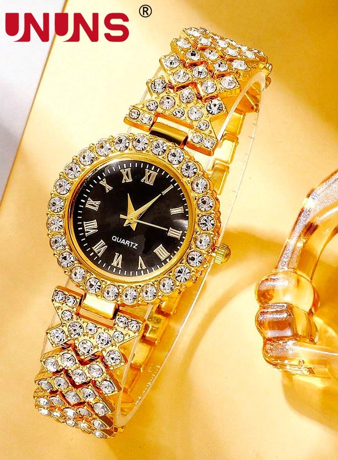 UNUNS 4 Pcs Women Watch Set,Roman Numerals Women's Wrist Watch,Luxury Diamond Decorated Watch Necklace Ring Earrings Set,Valentine'S Day Birthday Gifts for Women,Black - Image 3