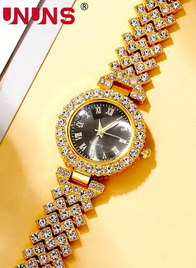 UNUNS 4 Pcs Women Watch Set,Roman Numerals Women's Wrist Watch,Luxury Diamond Decorated Watch Necklace Ring Earrings Set,Valentine'S Day Birthday Gifts for Women,Black - Image 5