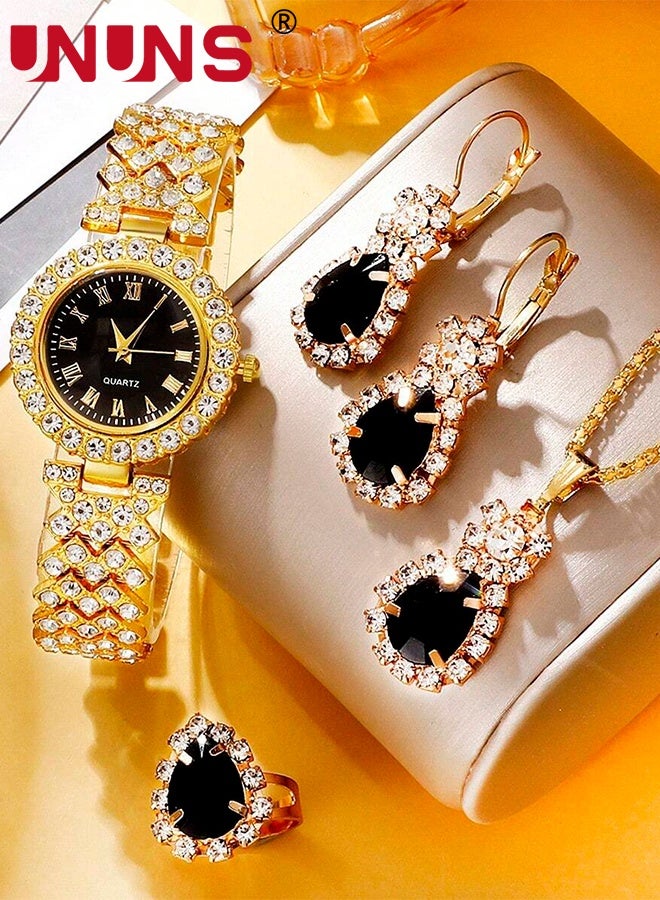 UNUNS 4 Pcs Women Watch Set,Roman Numerals Women's Wrist Watch,Luxury Diamond Decorated Watch Necklace Ring Earrings Set,Valentine'S Day Birthday Gifts for Women,Black - Image 2