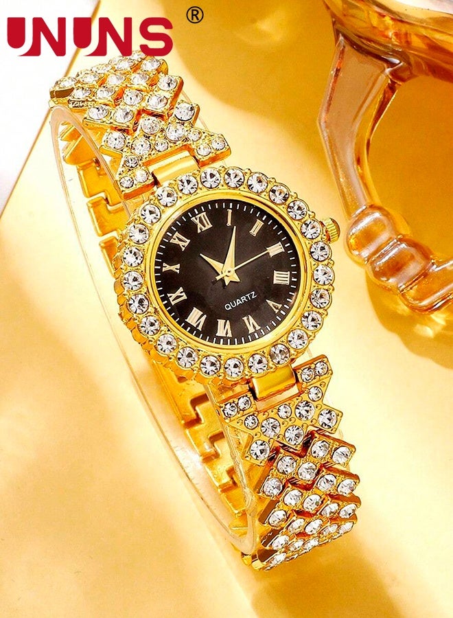 UNUNS 4 Pcs Women Watch Set,Roman Numerals Women's Wrist Watch,Luxury Diamond Decorated Watch Necklace Ring Earrings Set,Valentine'S Day Birthday Gifts for Women,Black - Image 4