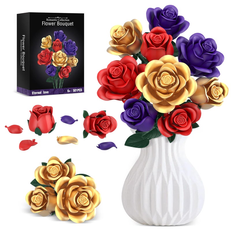 QIFUN Rose Bouquet Flowers Building Set 501Pcs Red Purple Golden Roses Artificial Flowers Botanical Collection Compatible with Lego Flowers Home Office Table Decor Gifts for HerMomGirlfriendWifeCouple - Image 3