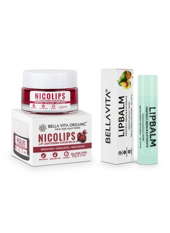 Bella Vita Organic - Nicolips Lip Scrub & Nicobalm Lip Balm Combo For Dry, Chapped & Dark Lips Remover Treatment, 20 G, 4 G - Image 1