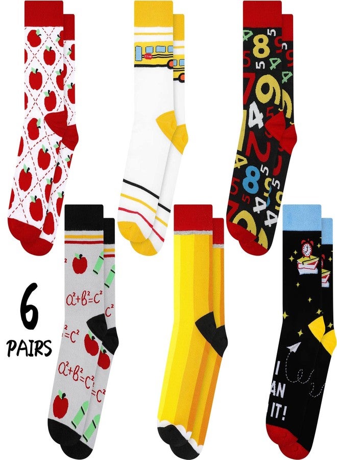 Hotop 6 Pairs Novelty Teacher Socks for Women Christmas Teacher Appreciation Gift Pencil Bus Apple Crew Socks for Xmas Party Favor - Image 3