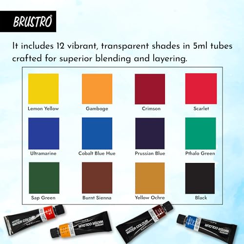 BRUSTRO Artist's Watercolour Paint |5ML Tubes Set of 12 Colours| Ideal for Landscape, Portrait, Paper, Painting, Artist, Professional Watercolor, Transparent Colors, Painting Dry & Wet, Fine Art - Image 3