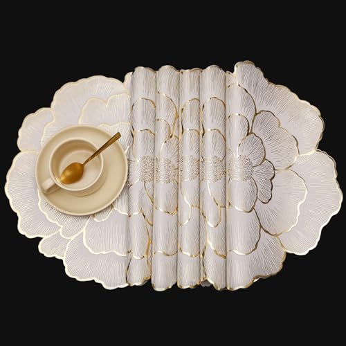 FAVE 6PCS Floral Round Placemats Gold Placemats Vinyl Placemats Set of 6 for Dining Table Durable Table Mats Reusable - Image 2