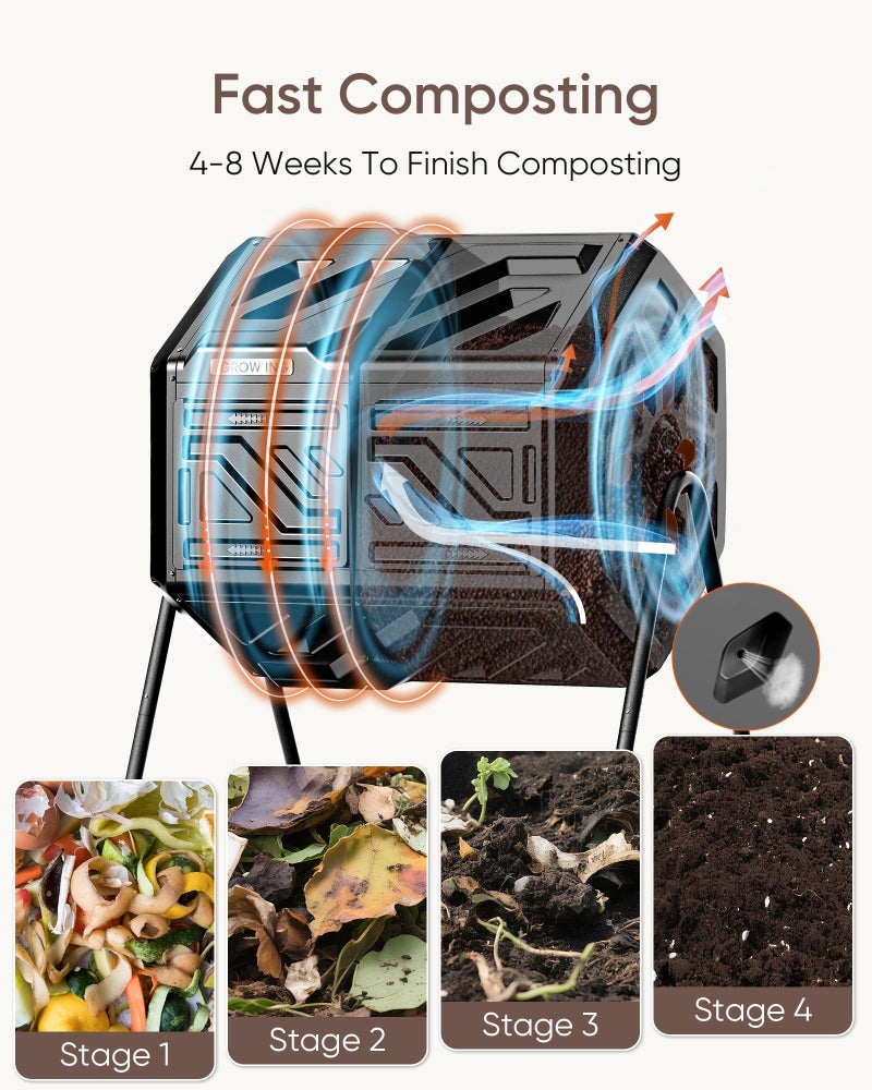 THE GROW'ING THEGROW'ING Updated 43 Gallon Compost Bin Outdoor, Fast Assemble Tumbling Composter, Dual Chamber Composter Tumbler, Rotating Compost Bin for Outside, Backyard, Garden and Yard, Black - Image 5