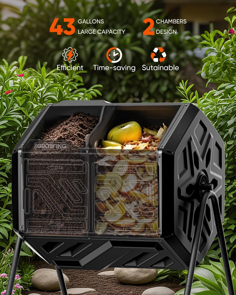 THE GROW'ING THEGROW'ING Updated 43 Gallon Compost Bin Outdoor, Fast Assemble Tumbling Composter, Dual Chamber Composter Tumbler, Rotating Compost Bin for Outside, Backyard, Garden and Yard, Black - Image 4