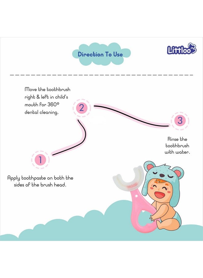 LITTLOO Baby U-Shaped Silicone Tooth Brush With Soft Bristles For Complete Manual 360 Degree Dental Cleaning, Material For New Borns, Toddlers & Children - Pack Of 2 (Blue & Pink) - Image 4