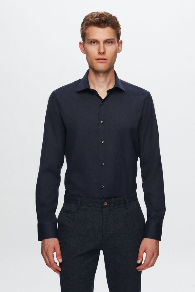 D'S DAMAT Slim Fit Navy Blue Dobby Shirt 7HF02ORT02100 - Image 1