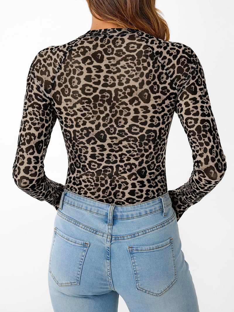 Dealmore Lace Long Sleeve Leopard Print Mesh Cheetah Going Out Tops for Women Fashion Fall Outfits 2026 Leopard M - Image 4