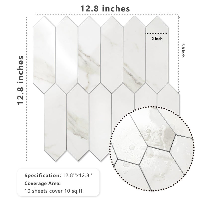 Vamos Tile Glossy White Marble Backsplash Tile Peel and Stick, 12.8 x 12.8 Inch 10 Sheets Long Hexagon PVC Self Adhesive Mosaic Wall Tiles Stick on Backsplash for Kitchen and Bathroom - Image 5