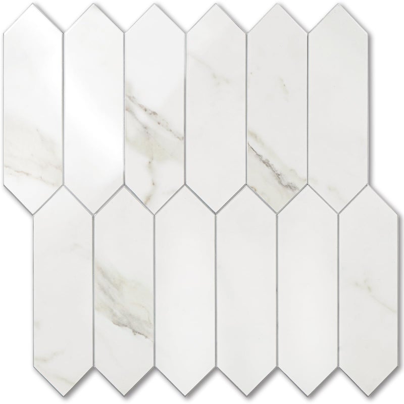 Vamos Tile Glossy White Marble Backsplash Tile Peel and Stick, 12.8 x 12.8 Inch 10 Sheets Long Hexagon PVC Self Adhesive Mosaic Wall Tiles Stick on Backsplash for Kitchen and Bathroom - Image 1