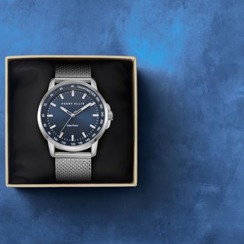 Perry Ellis Solar Powered Mens Watch Steel Mesh Band WaterResistant Analog Wrist Watches for Men 43mm Case Aluminum Tachymeter Bezel Elegant Gift for Man Silver - Image 3