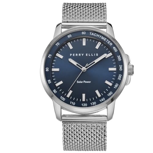 Perry Ellis Solar Powered Mens Watch Steel Mesh Band WaterResistant Analog Wrist Watches for Men 43mm Case Aluminum Tachymeter Bezel Elegant Gift for Man Silver - Image 1