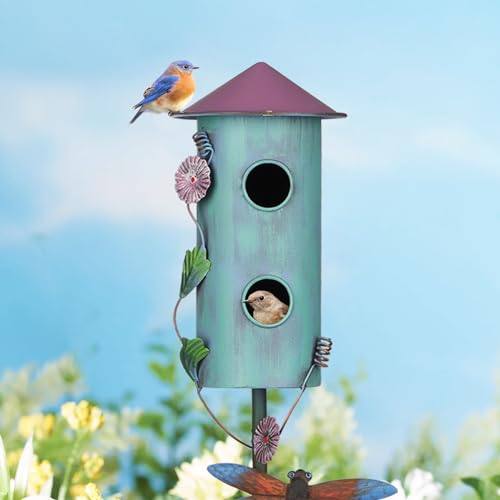 BAYN 57” Bird Houses Stake for Outside, Metal Wild Bird Feeder Double-Hole Birdhouse Stake with Cylinders Design Outdoor Decorations for Patio, Backyard, Garden - Image 2