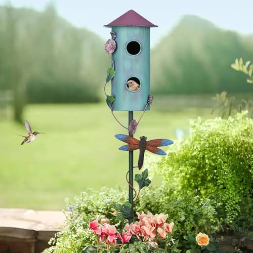 BAYN 57” Bird Houses Stake for Outside, Metal Wild Bird Feeder Double-Hole Birdhouse Stake with Cylinders Design Outdoor Decorations for Patio, Backyard, Garden - Image 3