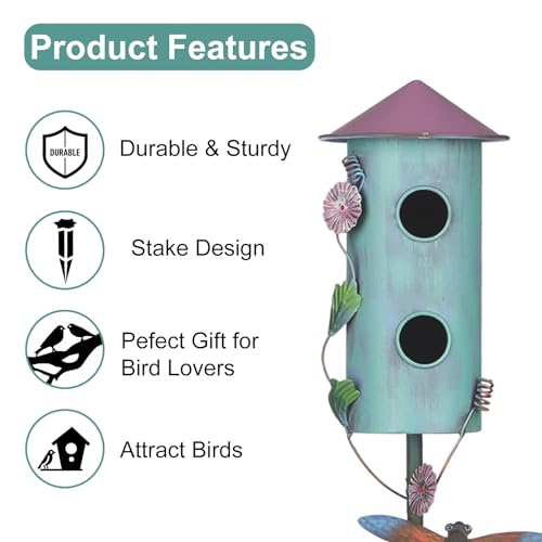 BAYN 57” Bird Houses Stake for Outside, Metal Wild Bird Feeder Double-Hole Birdhouse Stake with Cylinders Design Outdoor Decorations for Patio, Backyard, Garden - Image 5