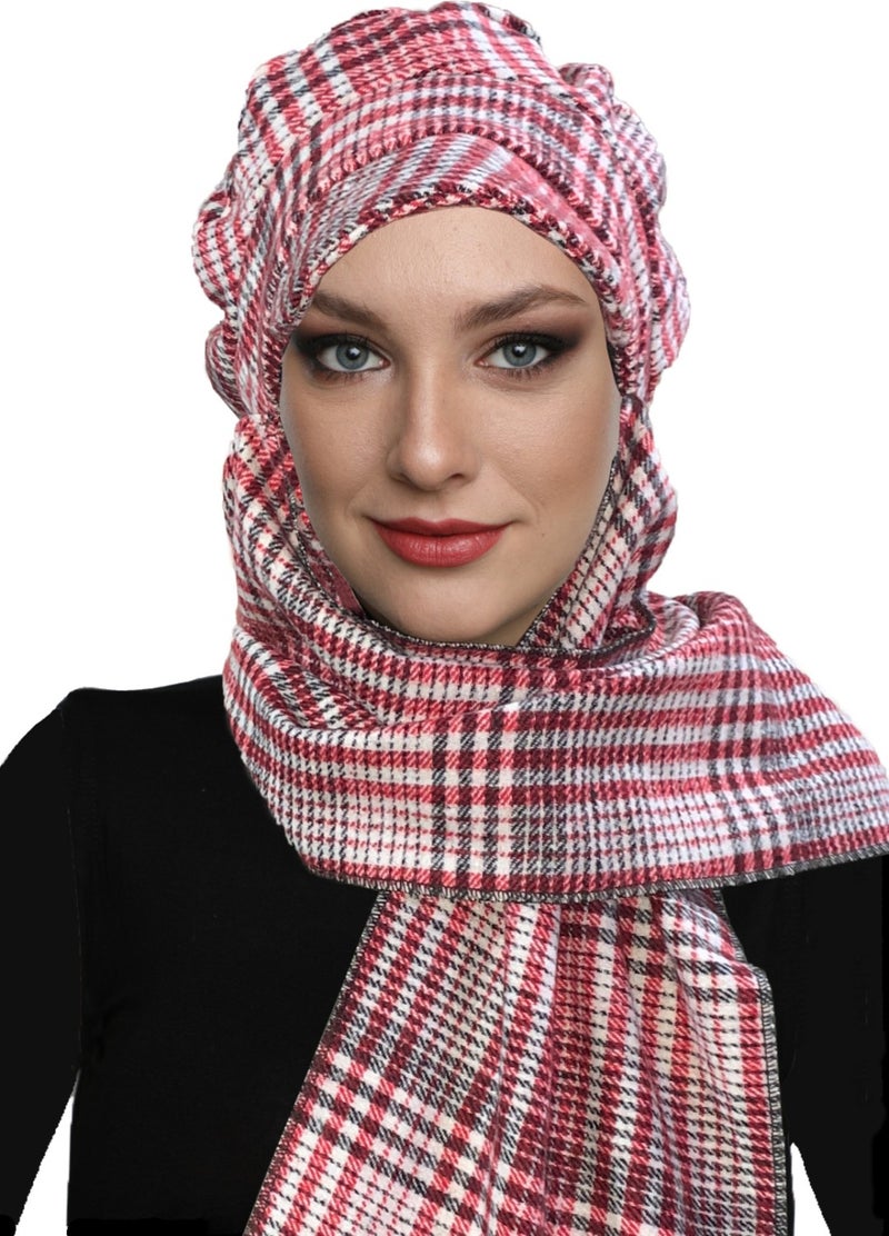 Fidan Bone Wool Cap Hat with Scarf Plaid Claret Red Cream Ready-made Turban Bone Beret  - Image 1