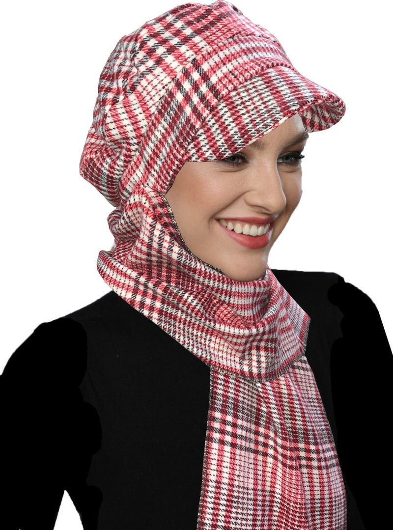 Fidan Bone Wool Cap Hat with Scarf Plaid Claret Red Cream Ready-made Turban Bone Beret  - Image 3
