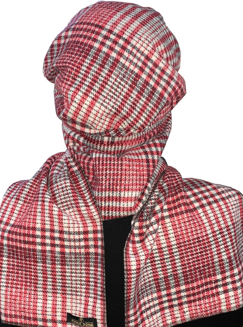 Fidan Bone Wool Cap Hat with Scarf Plaid Claret Red Cream Ready-made Turban Bone Beret  - Image 4