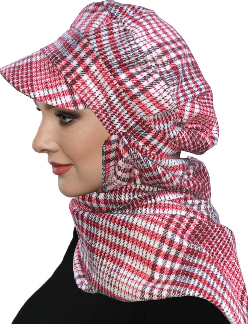 Fidan Bone Wool Cap Hat with Scarf Plaid Claret Red Cream Ready-made Turban Bone Beret  - Image 5