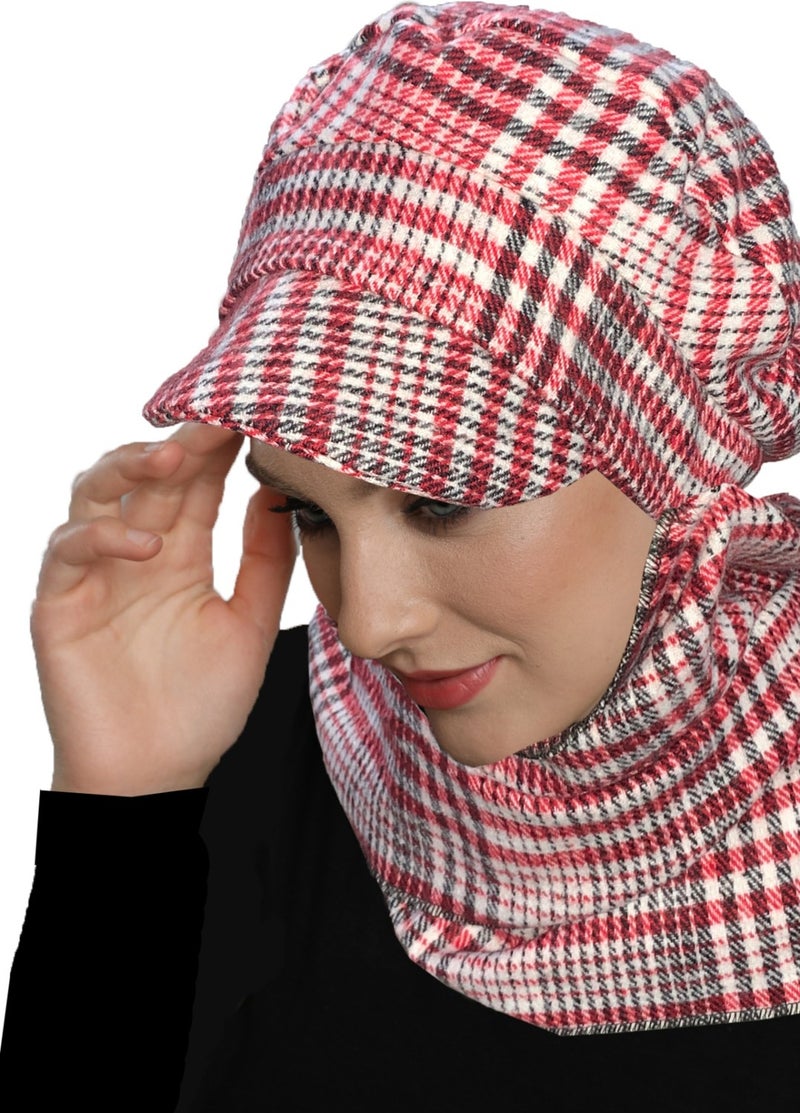 Fidan Bone Wool Cap Hat with Scarf Plaid Claret Red Cream Ready-made Turban Bone Beret  - Image 2