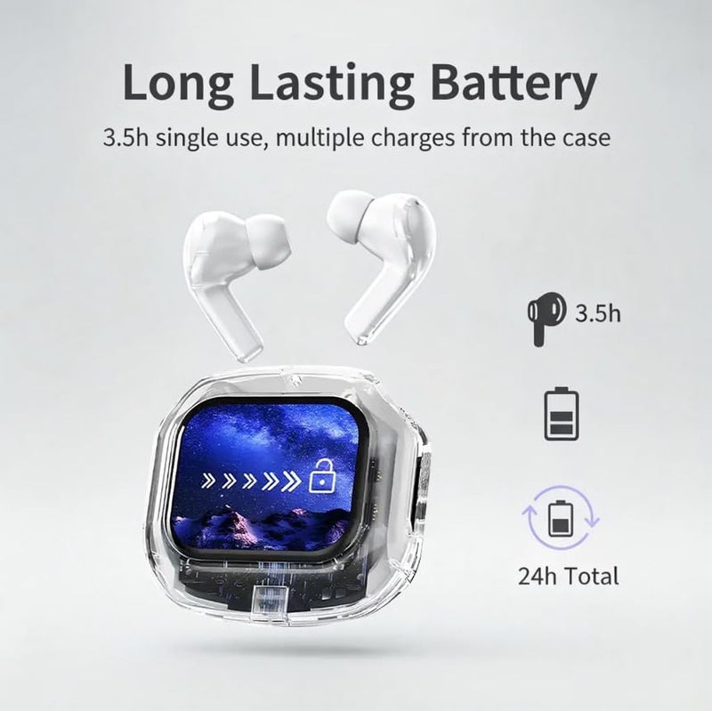 AoMige ANC Wireless Earbuds, Bluetooth Headphones, Touchscreen Transparent Case, ENC Clear Call, 10MM HiFi Bass, 20 Languages, 25H Playtime, In-Ear Earphones for iOS & Android(white) - Image 5