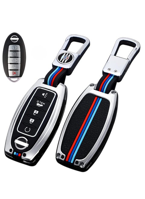 Premium Metal Shell and Soft Silicone Full Protection Key Case Compatible with Nissan Altima Armada Maxima Murano Pathfinder Rogue 5 Buttons Smart Key in Metal Silver