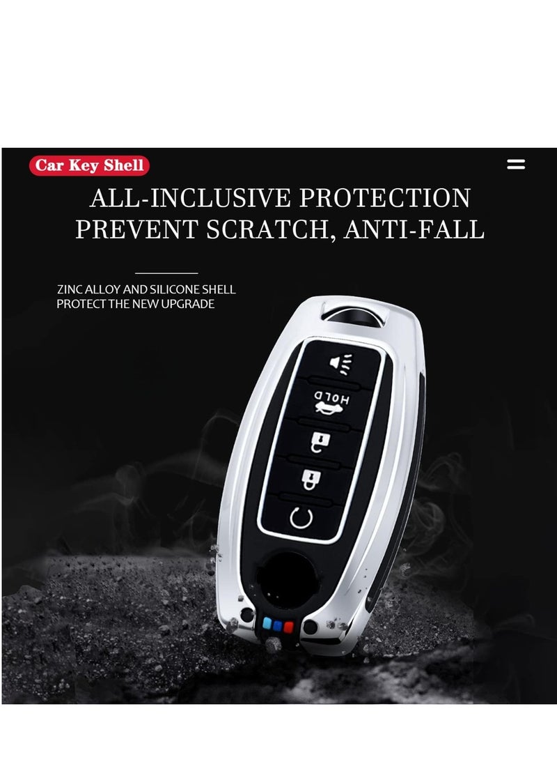 Premium Metal Shell and Soft Silicone Full Protection Key Case Compatible with Nissan Altima Armada Maxima Murano Pathfinder Rogue 5 Buttons Smart Key in Metal Silver