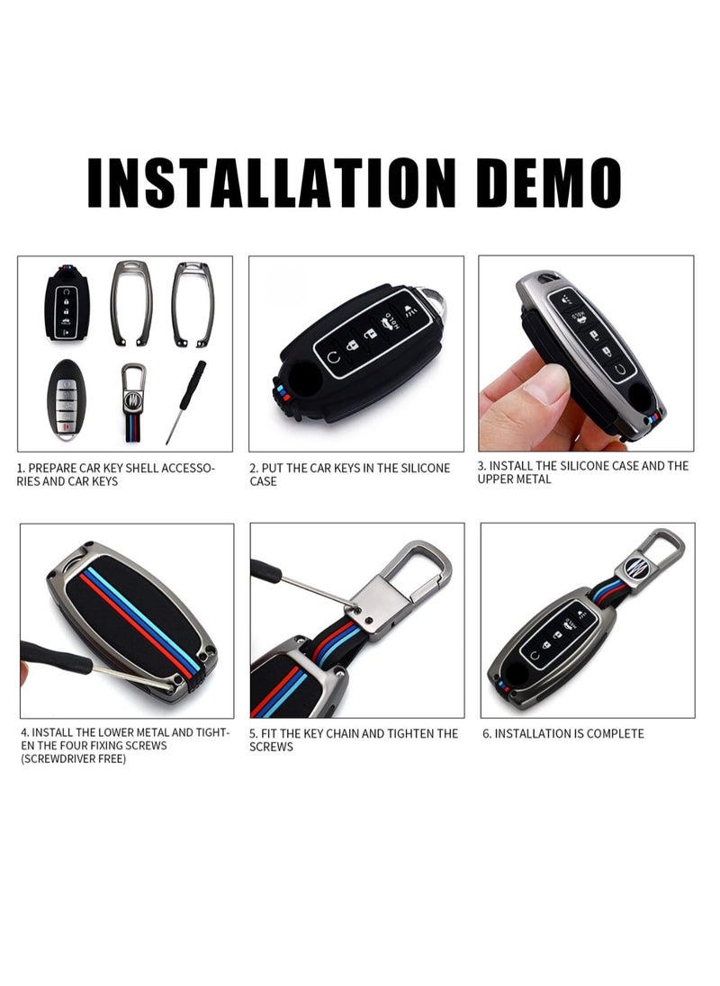 Premium Metal Shell and Soft Silicone Full Protection Key Case Compatible with Nissan Altima Armada Maxima Murano Pathfinder Rogue 5 Buttons Smart Key in Metal Silver