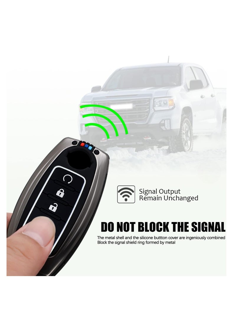 Premium Metal Shell and Soft Silicone Full Protection Key Case Compatible with Nissan Altima Armada Maxima Murano Pathfinder Rogue 5 Buttons Smart Key in Metal Silver