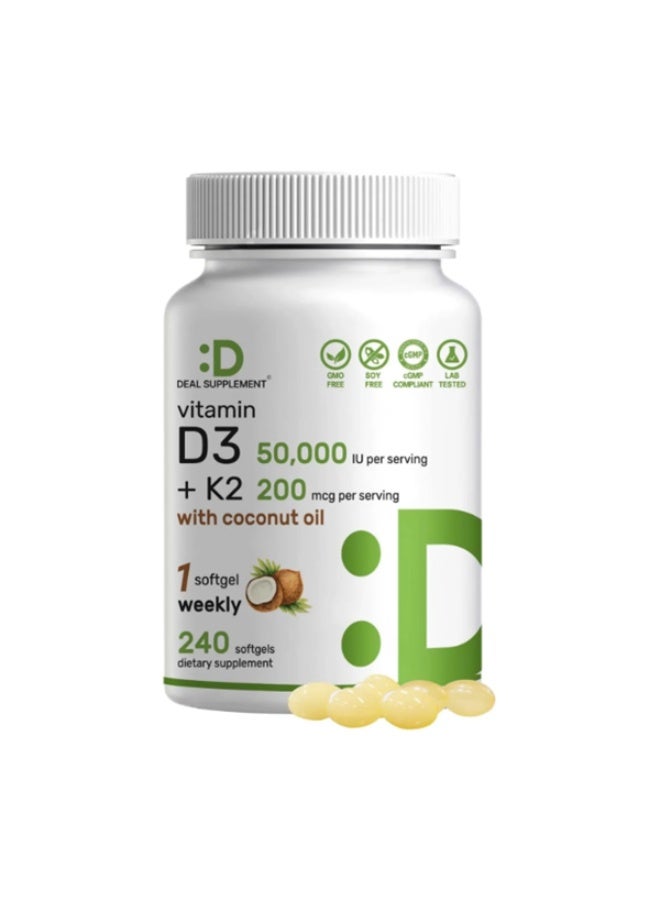 DEAL SUPPLEMENT Vitamin D3 50,000 IU + K2 MK7 200 mcg, 240 Softgels | Virgin Coconut Oil, Max Strength Vitamin D & K, Promotes Heart, Bone, & Teeth Health – One Softgel Weekly, Easy to Swallow