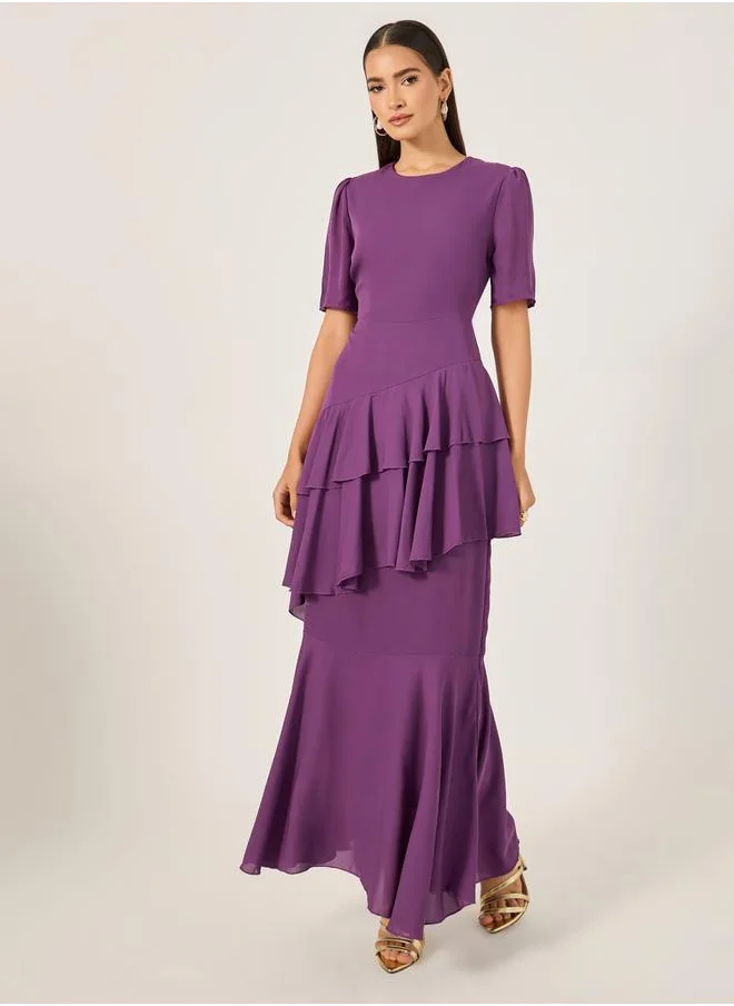 ستايلي Ruffled Detail Round Neck Tiered Maxi Dress