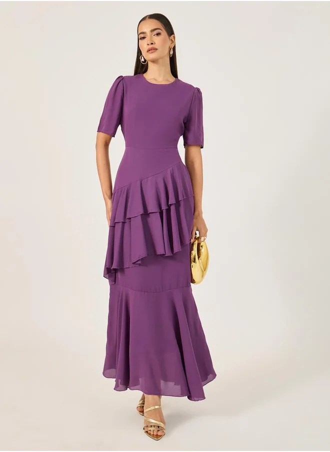 ستايلي Ruffled Detail Round Neck Tiered Maxi Dress